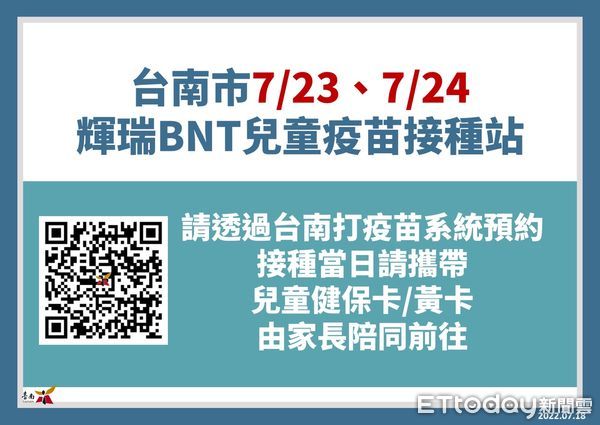 ▲台南市18日新增1327名COVID-19本土個案，7月23、24日（本週六日）將於11個地點開設輝瑞BNT兒童疫苗接種站。（圖／記者林悅翻攝，下同）