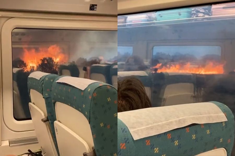 ▲▼ 西班牙野火肆虐，火車行駛中被包圍。（圖／翻攝自推特）