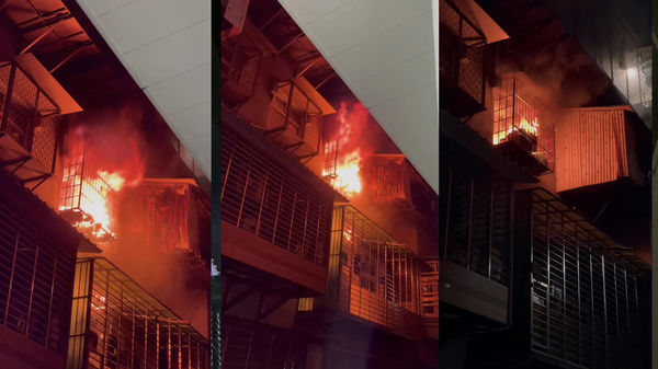 ▲▼文湖路66巷一棟公寓凌晨發生火警，大量火煙從4樓陽台竄出。（圖／記者游宗樺翻攝）