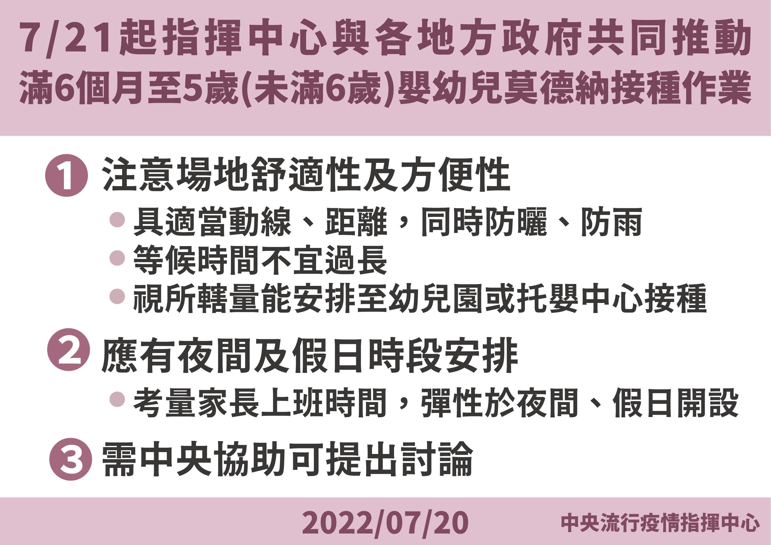 ▲▼7月21日起指揮中心與各地方政府共同推動滿6個月至5歲嬰幼兒莫德納接種。（圖／指揮中心提供）