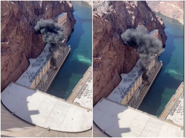 ▲▼美國胡佛水壩（Hoover Dam）於19日發生爆炸，現場燃起火焰，大量黑色濃煙升起。（圖／翻攝自推特／@kristynashville、@SimplyBreaking）