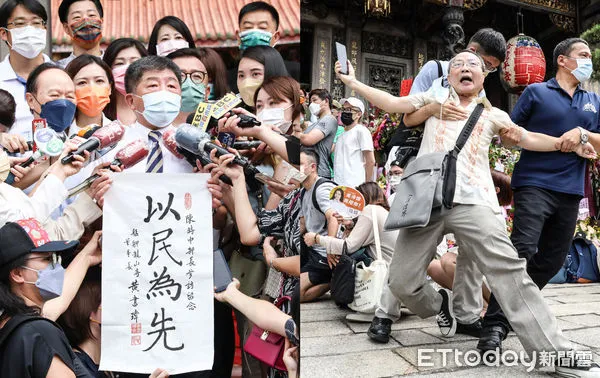 ▲陳時中才說完施政「以民為先」，一名男子現身質問卻被架離現場。（合成圖／記者林敬旻攝）