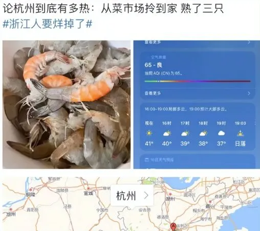 ▲▼市場買的蝦「路上熱熟了」　浙江連6天高溫飆破40℃。（圖／翻攝微博）