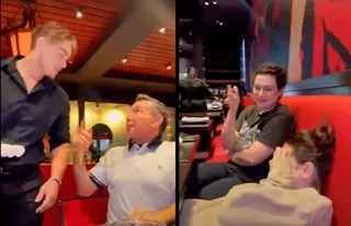 ▲女兒覺得服務生很帥，貼心老爸幫助攻。（圖／翻攝自YouTube／「B.C.&Lowy」）