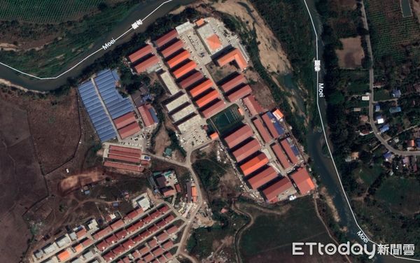 ▲卫星图片显示位于缅甸妙瓦底的KK园区俨然成为一个独立的聚落，外人难以援驻。 （图／翻摄GOOGLE MAP）