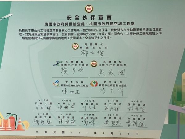 ▲桃園航空城區段徵收工程10家營造廠商，簽署「安全伙伴宣言」