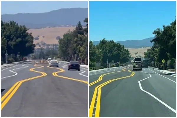 ▲▼美國加州霍利斯特（Hollister）一段馬路標線曲折歪斜。（圖／翻攝臉書）