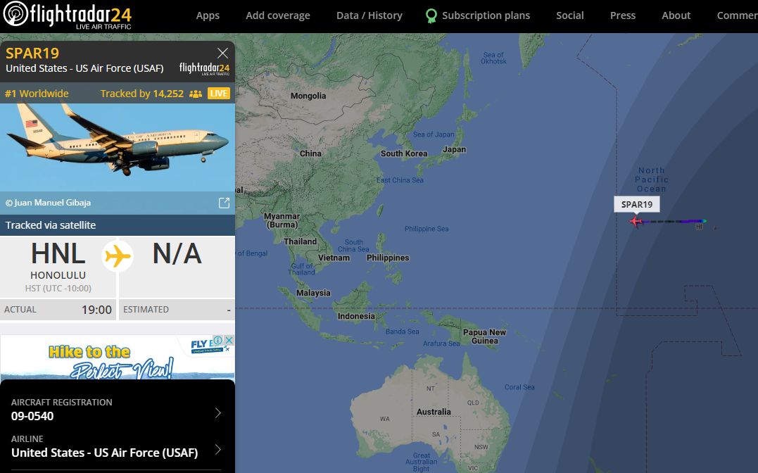 ▲▼ 外傳是美國眾議院議長裴洛西的專機，稍早已從夏威夷起飛。（圖／翻攝自Flightradar24網站）