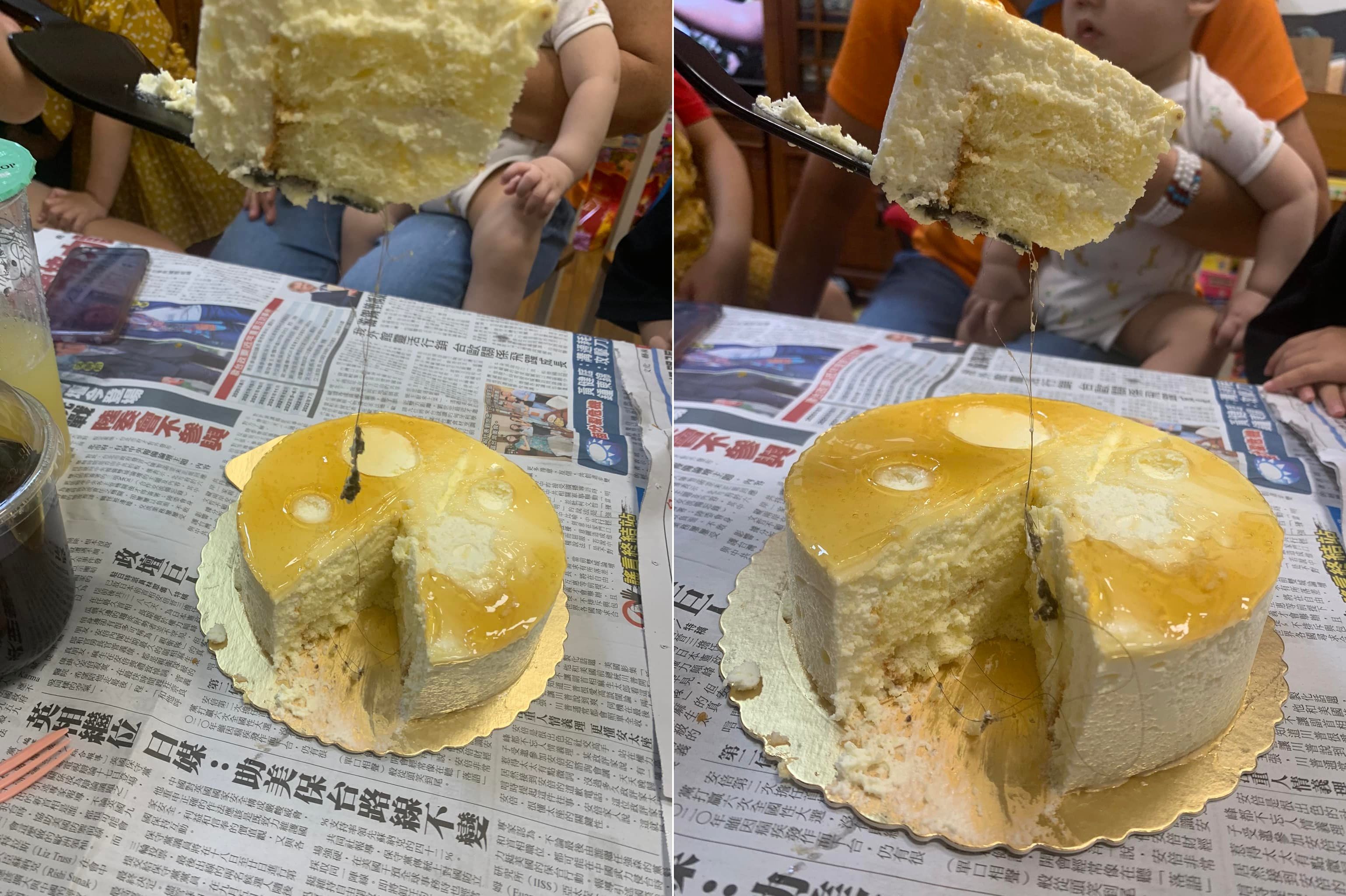 ▲一名女網友在某連鎖咖啡蛋糕店買蛋糕，回家切開卻發現裡頭卡有多根頭髮。（圖／翻攝自Facebook／爆料公社）