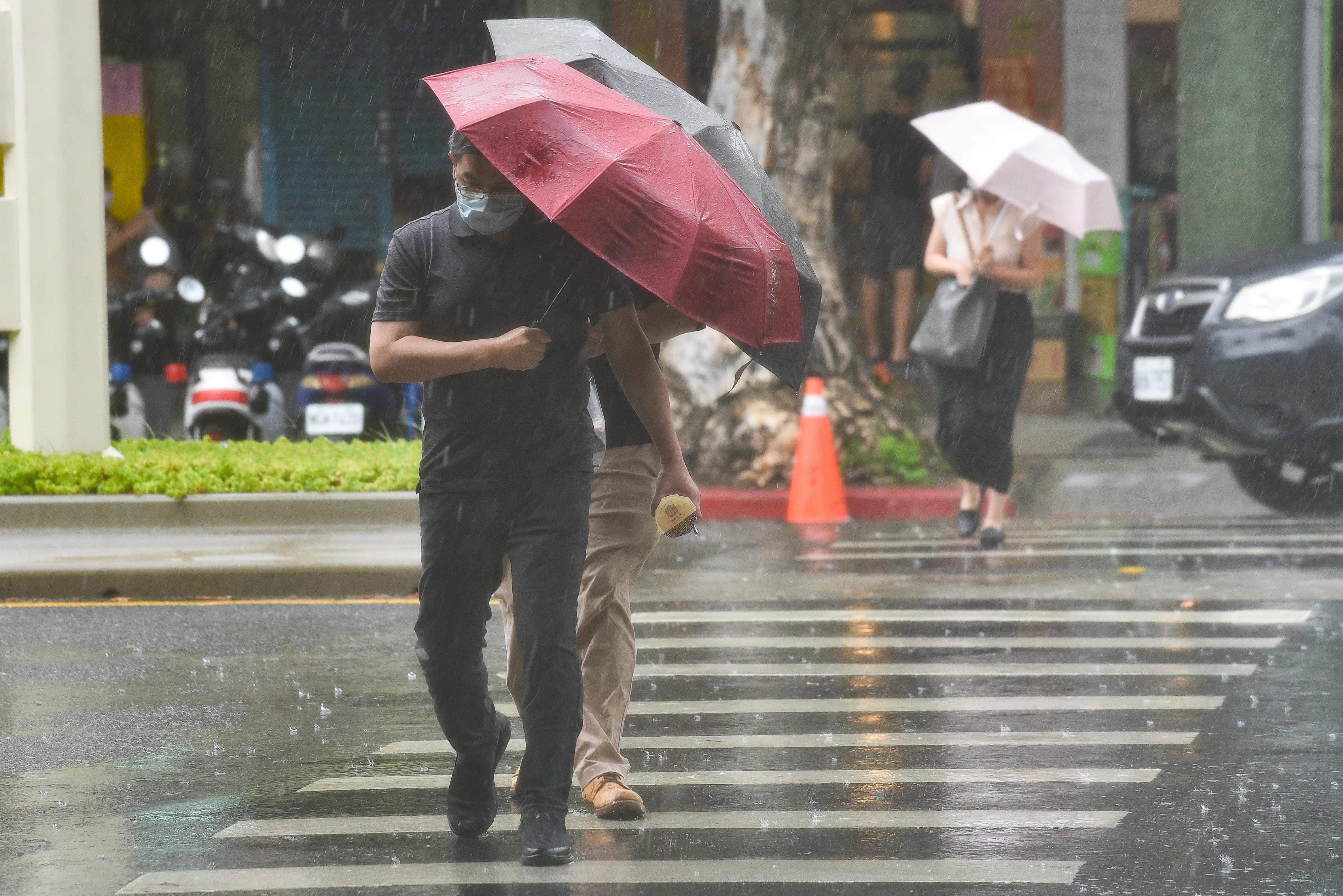 ▲▼天氣,行人,路人,雷雨,口罩,斑馬線,過馬路,大雨,大雷雨,下雨,雨天,豪大雨,午後雷陣雨,梅雨,降雨,氣象,豪雨,颱風外圍環流,西南氣流,鋒面,撐傘,雨傘,陰雨綿綿,潮濕,濕度,熱對流,天氣配圖。（圖／記者李毓康攝）