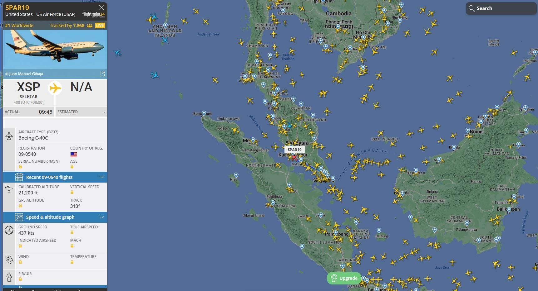 ▲▼裴洛西專機從新加坡飛往馬來西亞。（圖／翻攝自Flightradar24）