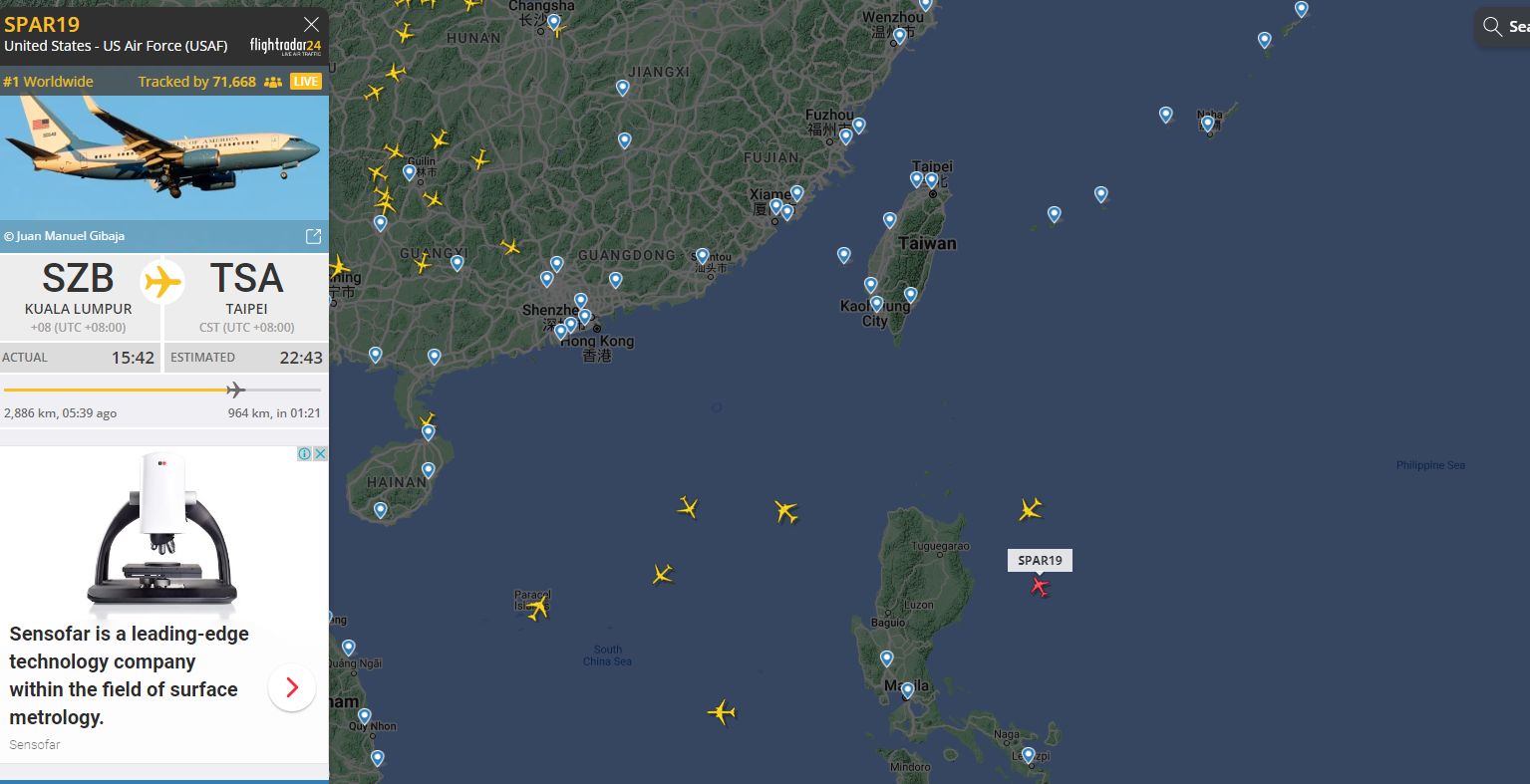 ▲▼裴洛西專機目的地顯示為台北。（圖／翻攝自flightradar24）