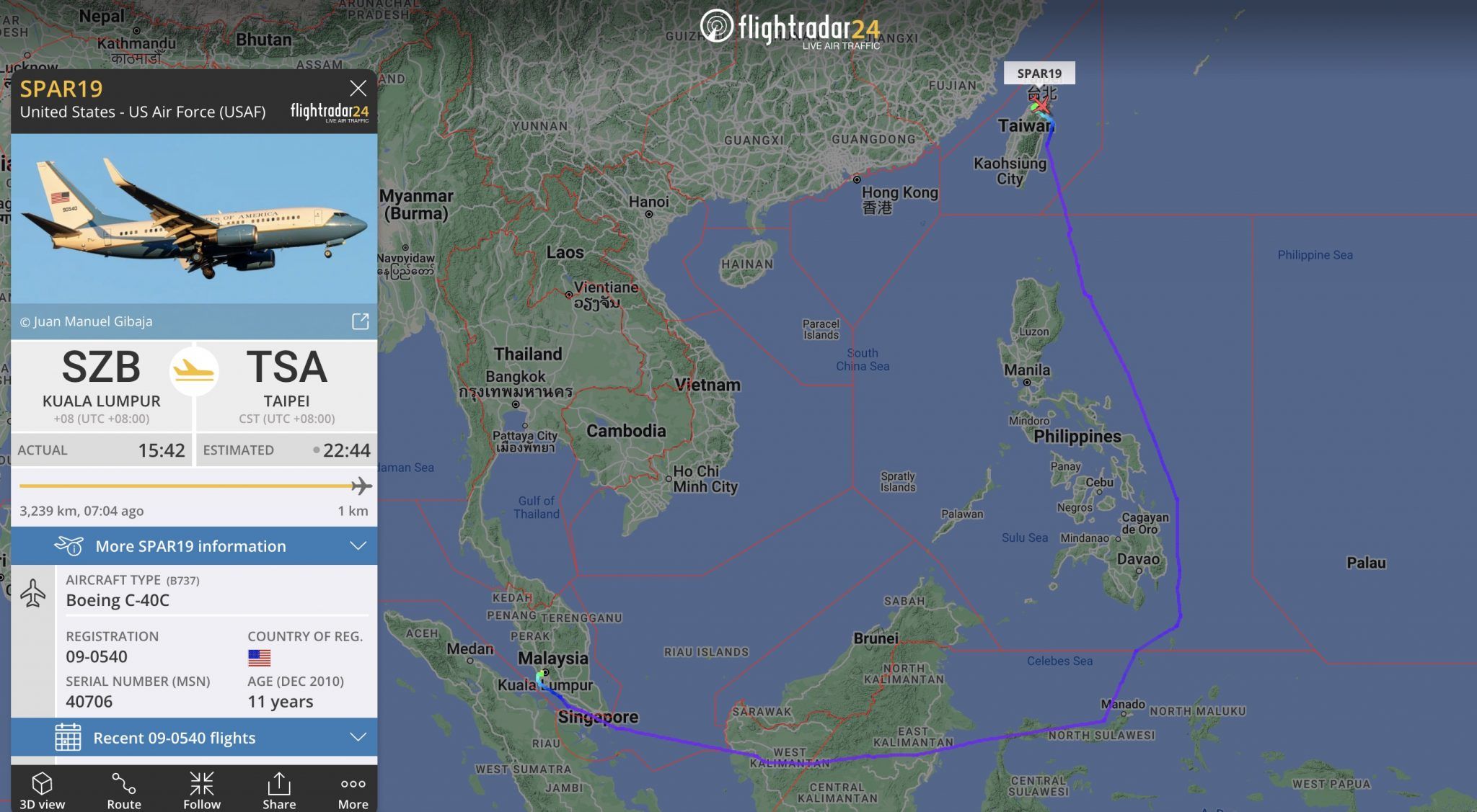 裴洛西專機航跡圖。（圖／翻攝「flightradar24」推特）