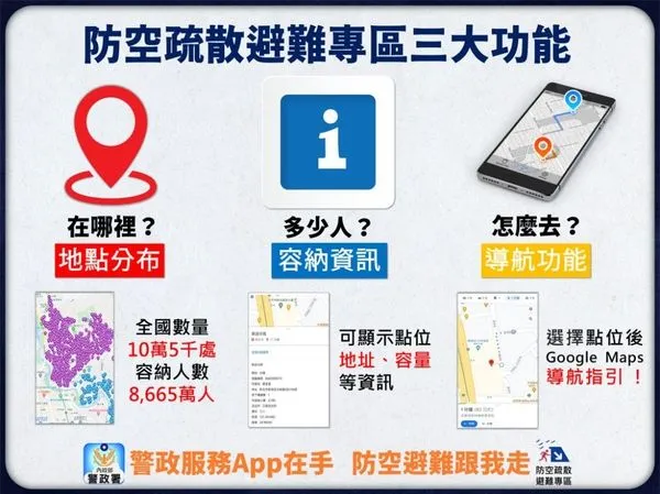 ▲▼搜尋「警政服務」防空避難所APP，意外成了下載排行榜第3名，台中有2萬5千處所，可容納近千萬人。（圖／民眾提供，下同）