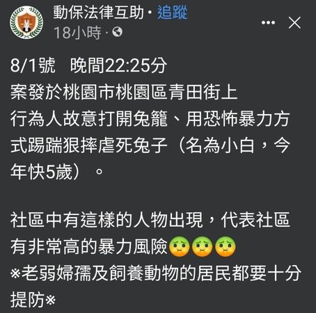 ▲桃園市青田街8月1日晚間有男子不知何故，突然攻擊路旁民眾豢養寵物兔，動保人士上傳臉書引發網友憤怒。（圖／翻攝自臉書）