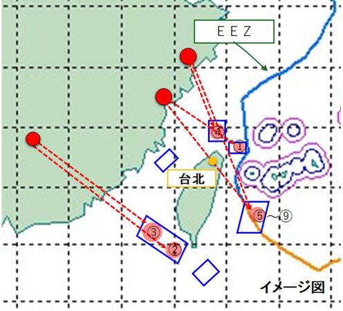 ▲日本防衛省公布軌跡圖來看，4枚飛彈經過台灣上空。（圖／翻攝日本防衛省）