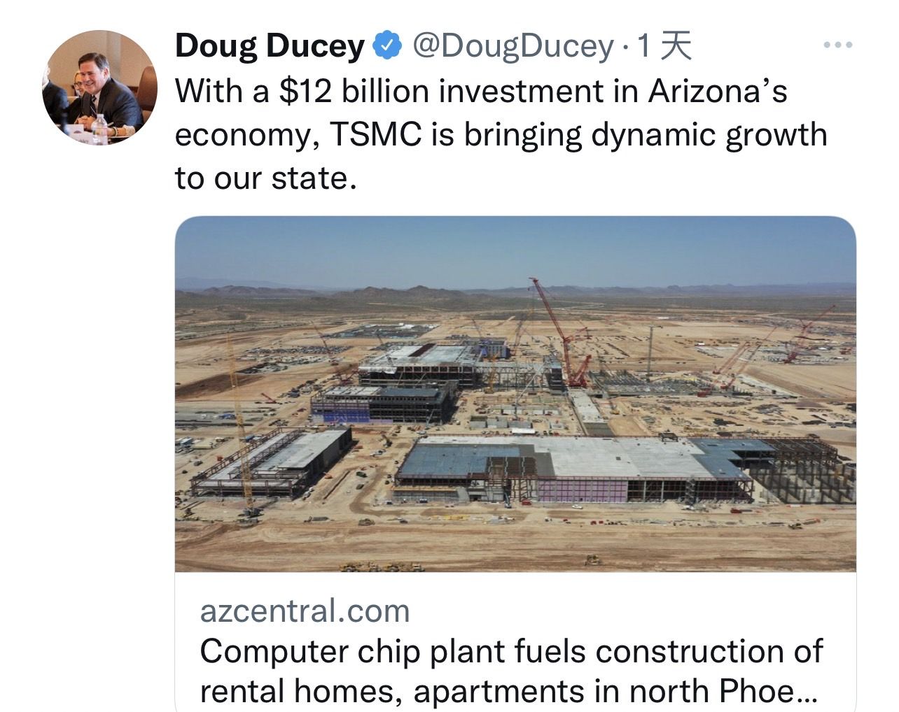 ▲▼亞利桑那州長Doug Ducey在推特上發文，稱讚台積電投資120億美元，為當地帶來強勁的經濟增長。。（圖／翻攝自Doug Ducey推特）