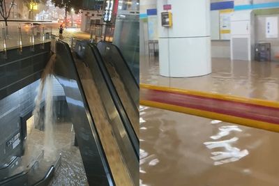 首爾地鐵站淪「黃河」驚悚影片曝!列車過站不停 天花板秒砸穿