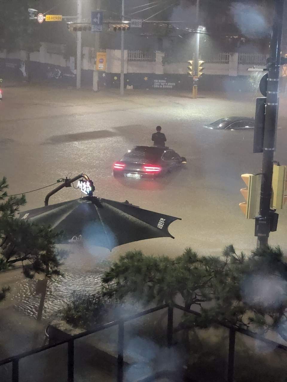 ▲▼首爾災難暴雨，西裝男困車頂成焦點。（圖／翻攝推特「@lora5102」）