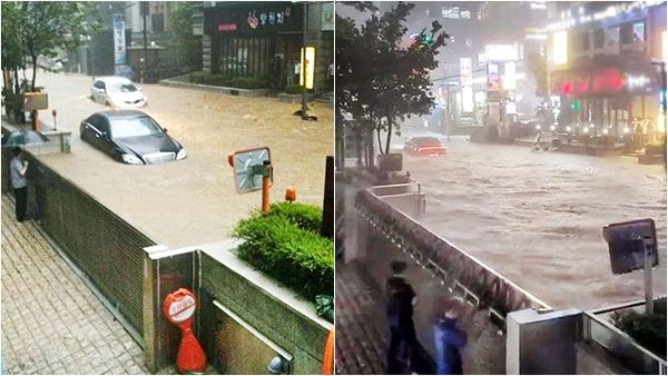 ▲▼首爾江南站外的青南大樓擋水牆成功阻擋洪水進犯。（圖／翻攝自韓網）
