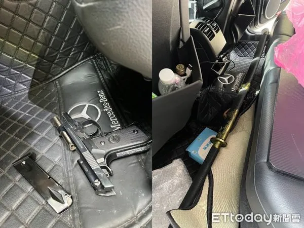 ▲▼警方攔查賓士車，發現車牌竟然是假的，且還在車內搜出槍枝、刀械等違禁品。（圖／記者邱中岳翻攝）