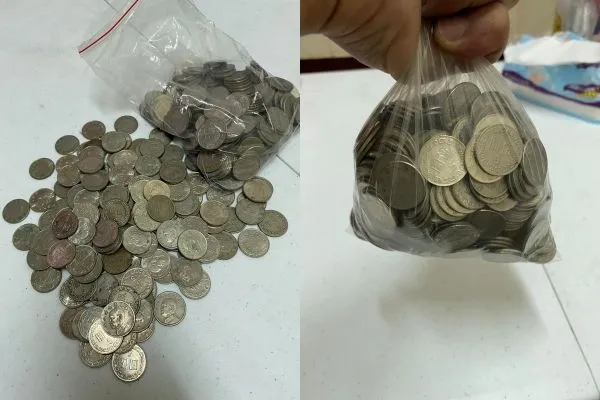 人夫500元零用錢全被換成5元硬幣。（圖／翻攝自Facebook／爆廢公社公開版）