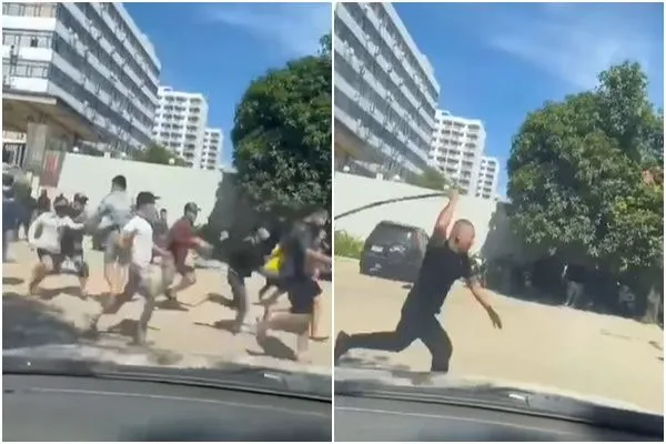 ▲大批「豬仔」竄出大樓，遭保全持棍棒追逐。（圖／臉書）