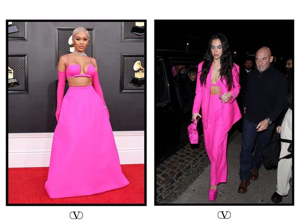 ▲薩瓦蒂（Saweetie）在葛萊美獎（Grammy Award）的紅毯照，還是杜娃黎波（Dua Lipa）在倫敦的街拍照，都搶先艾瑪上身這件螢光粉上衣，可見PP粉的魅力不俗。（圖／翻攝自IG@Valentino）