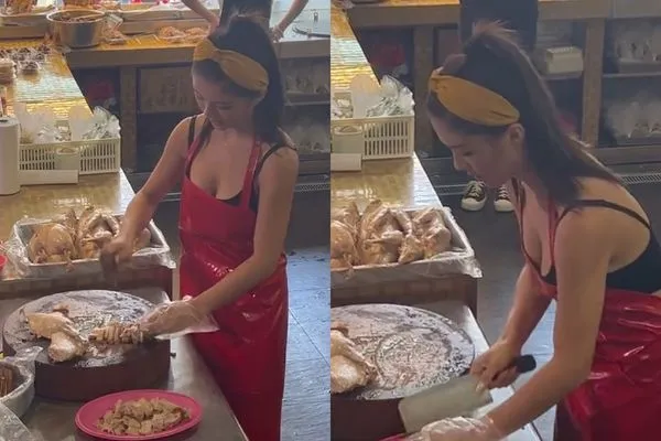 ▲▼低胸妹剁鵝肉影片瘋傳，本尊原來是「鵝肉西施」鄭方婷。（圖／攝自鄭方婷IG、抖音）