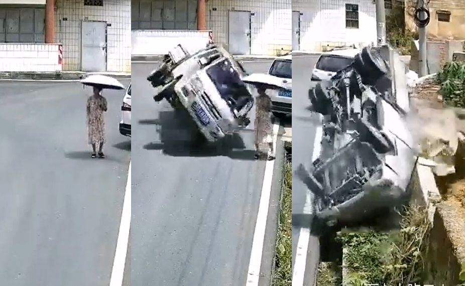 ▲▼小貨車高速過彎翻覆撞扁路人。（圖／翻攝抖音）