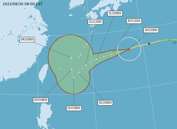 ▲▼中度颱風軒嵐諾最新路徑及侵襲機率。（圖／氣象局）