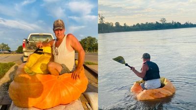 美國大叔種384公斤巨型南瓜！　挖空果肉「當船渡河」慶60歲生日