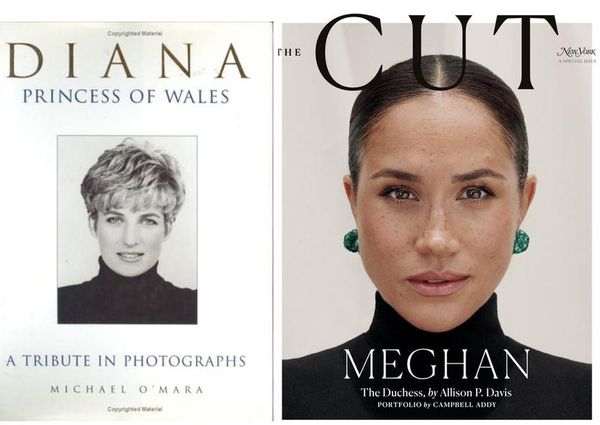 梅根登上《The Cut》雜誌封面（右圖），與戴妃1997年的紀念相冊（左圖）造型十分相像。（翻攝The Cut推特／Remoulade Sauce推特）