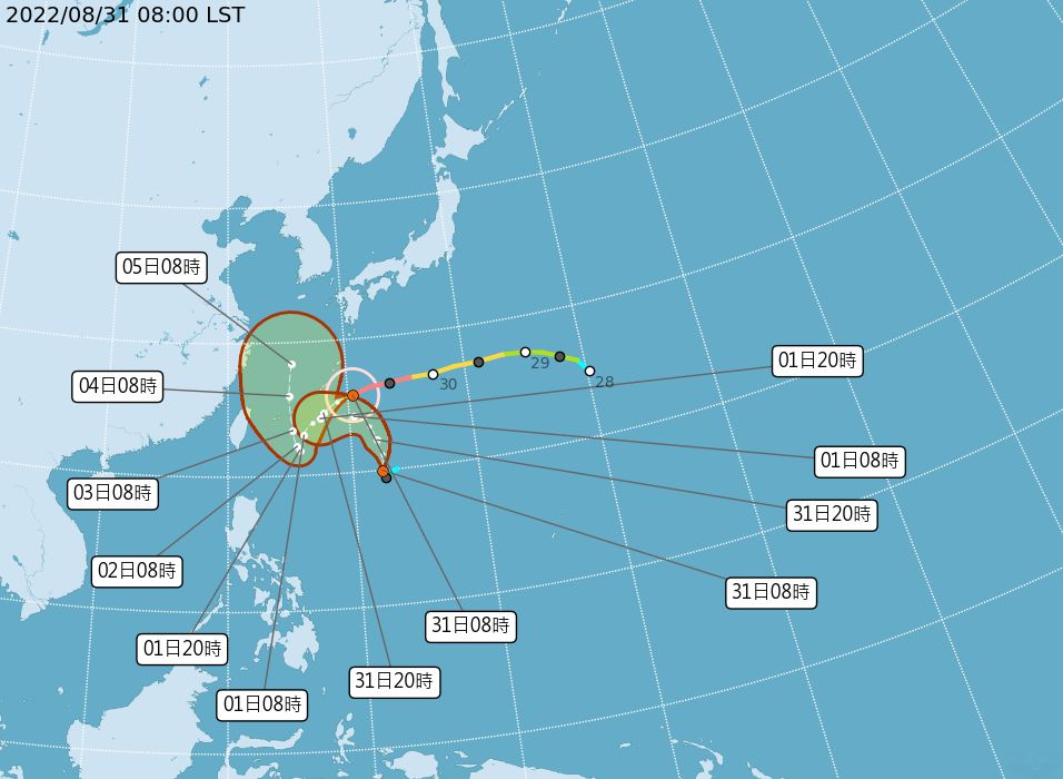 ▲▼強烈颱風軒嵐諾8/31路徑預測。（圖／氣象局） 