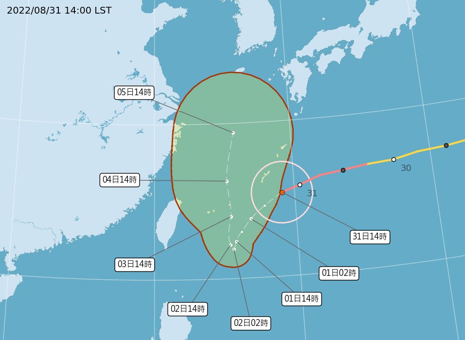 ▲▼強烈颱風軒嵐諾8/31路徑預測。（圖／氣象局） 