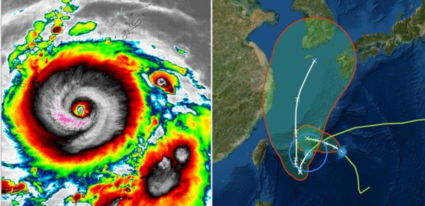 ▲▼左圖：1日4時紅外線色調強化雲圖顯示，強颱「軒嵐諾」颱風眼清淅可見、結構紮實。(圖擷自tropical tidbits)右圖： 1日2時中央氣象局「路徑潛勢預圖」顯示，第11號強颱「軒嵐諾」在琉球南方海面，偏西南前進，另一「熱帶低壓」在「軒嵐諾」東方，朝西北西前進，兩者將在宮古島南方海面逐漸整併成一個「大型」颱風，移速減慢、滯留打轉；再轉向偏北，經宮古、石垣島附近北上。「不確定性」(紅框)仍很大。（圖／三立準氣象· 老大洩天機）