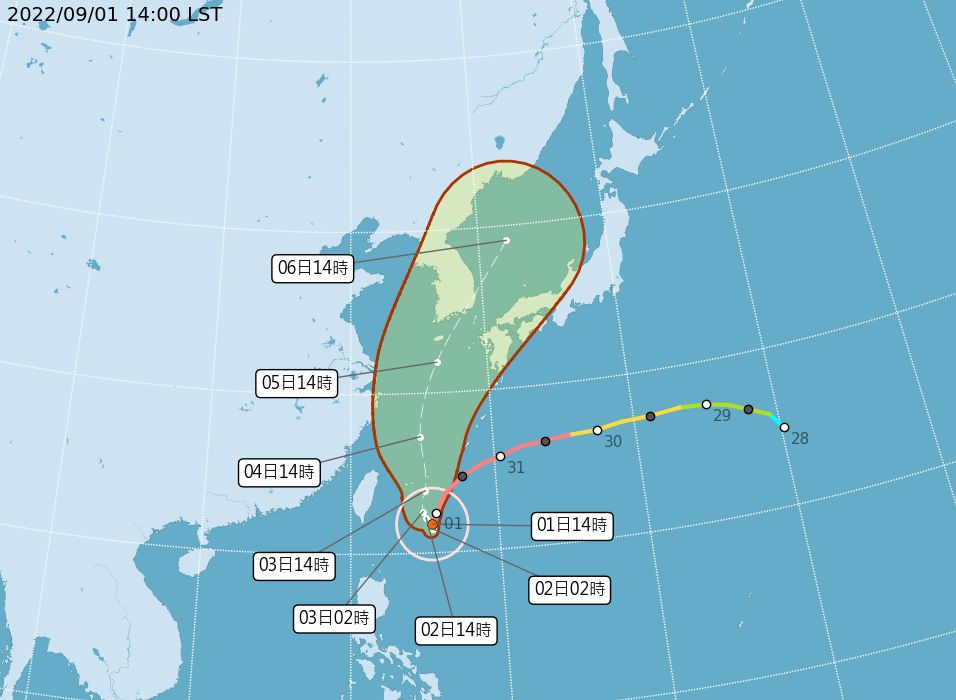 ▲▼軒嵐諾9/1下午最新位置及路徑預測。（圖／氣象局）