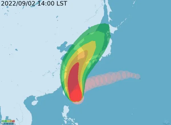▲▼軒嵐諾9/2下午2點最新位置及路徑預測。（圖／氣象局）
