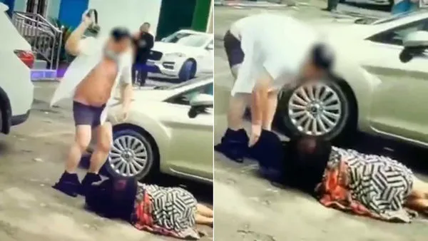 ▲大陸一名衣衫不整男子當街用皮帶狂鞭倒地女子。（圖／翻攝自微博）