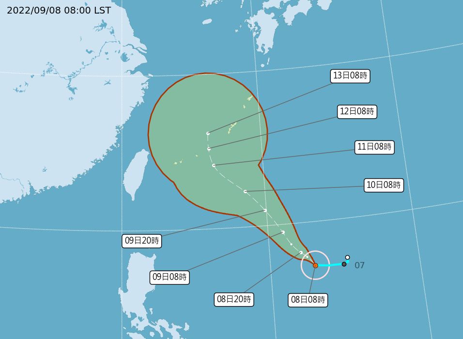 ▲▼梅花颱風9/8上午位置、路徑預測及暴風圈侵襲機率。（圖／氣象局）
