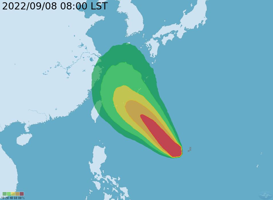 ▲▼梅花颱風9/8上午位置、路徑預測及暴風圈侵襲機率。（圖／氣象局）