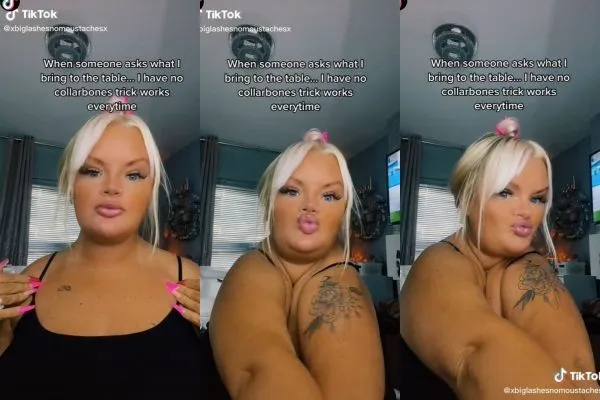 金髮辣媽「派對絕技」擠出超深溝。（圖／翻攝自TikTok／@xbiglashesnomoustachesx）