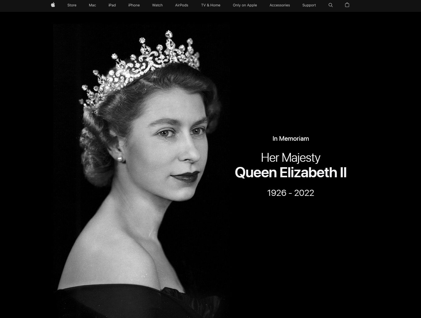 ▲▼英國蘋果官網放上「女王黑白照」悼念。（圖／翻攝自蘋果官網）