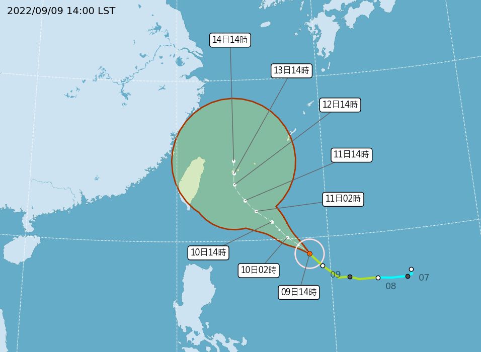 ▲▼梅花颱風9/9下午最新位置、路徑預測及暴風圈侵襲機率。（圖／氣象局）