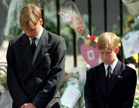 ▲▼黛妃的葬禮上，威廉王子怒瞪媒體、哈里王子悲痛忍淚的表情讓世人不忍。（圖／達志影像／美聯社）