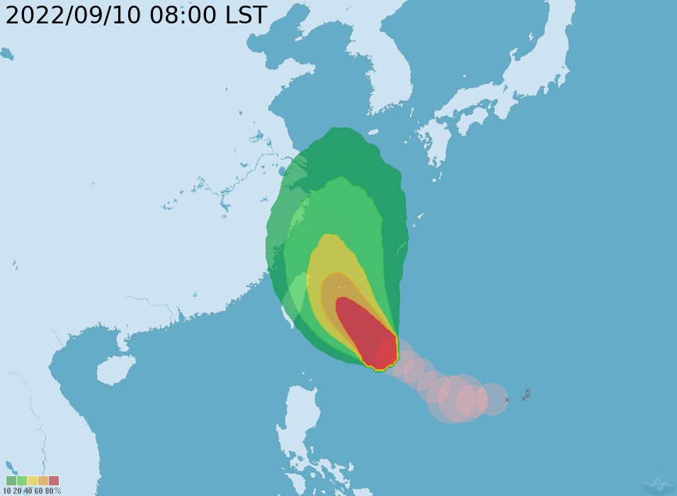 ▲▼梅花颱風9/10上午最新位置、路徑及暴風圈侵襲機率。（圖／氣象局）