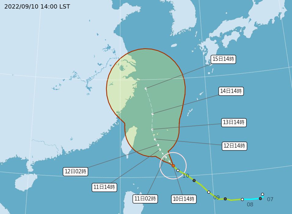 ▲▼梅花颱風9/10下午最新位置及路徑預測。（圖／氣象局）