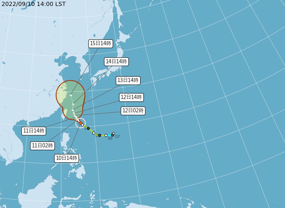 ▲▼梅花颱風9/10下午最新位置及路徑預測。（圖／氣象局）