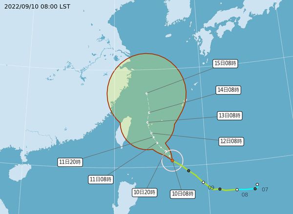 ▲▼梅花颱風9/10上午最新位置、路徑及暴風圈侵襲機率。（圖／氣象局）