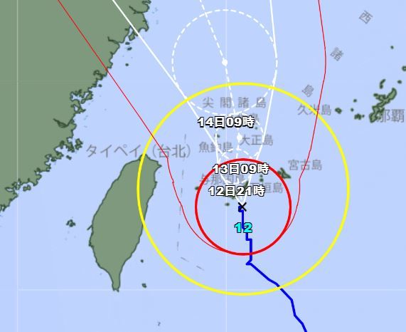 ▲▼日本氣象廳發布的「梅花」強颱路徑圖可見，台灣東北部地區已經籠罩在「強風區」（黃圈部分）之中。（圖／翻攝自日本氣象廳）